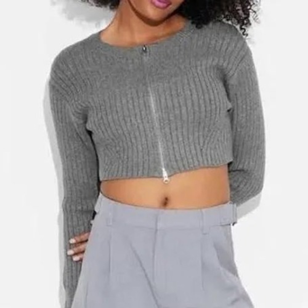 Wild Fable Womens Gray Ribbed Knit Zip‎ Up Cropped Cardigan Sweater XS NEW